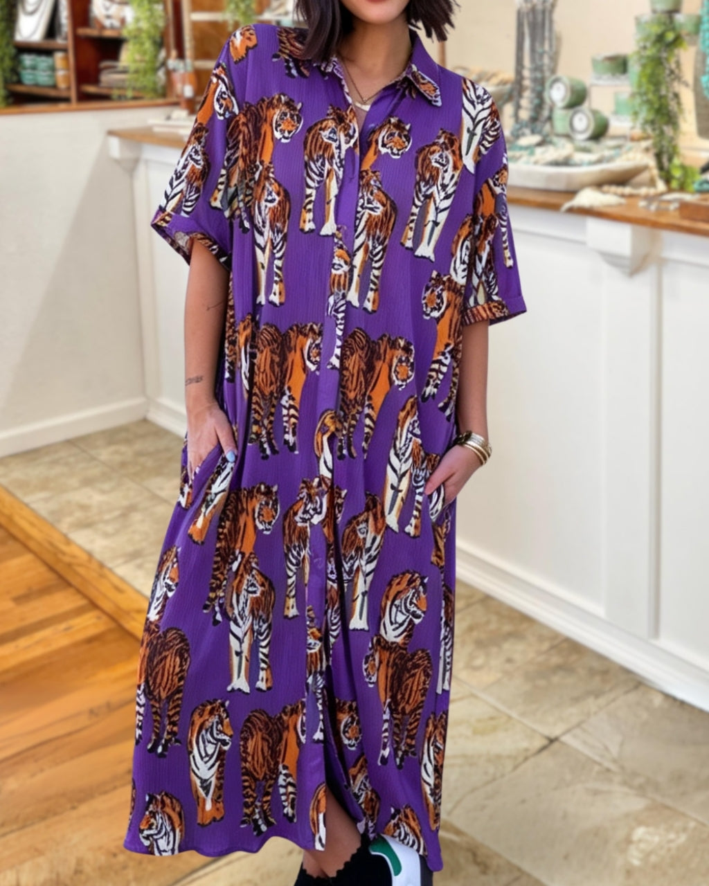 All-Over Tiger Print Game Day Satin Dress