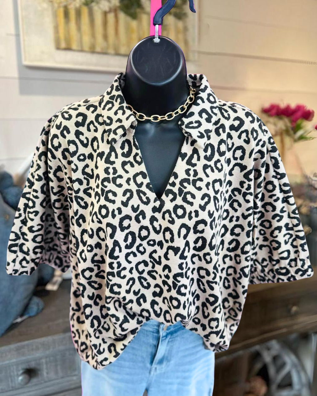 Simple Leopard Satin V-neck Top