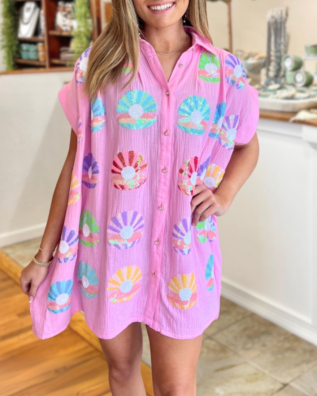 Colorful Seashell Sequined Shirt Dress