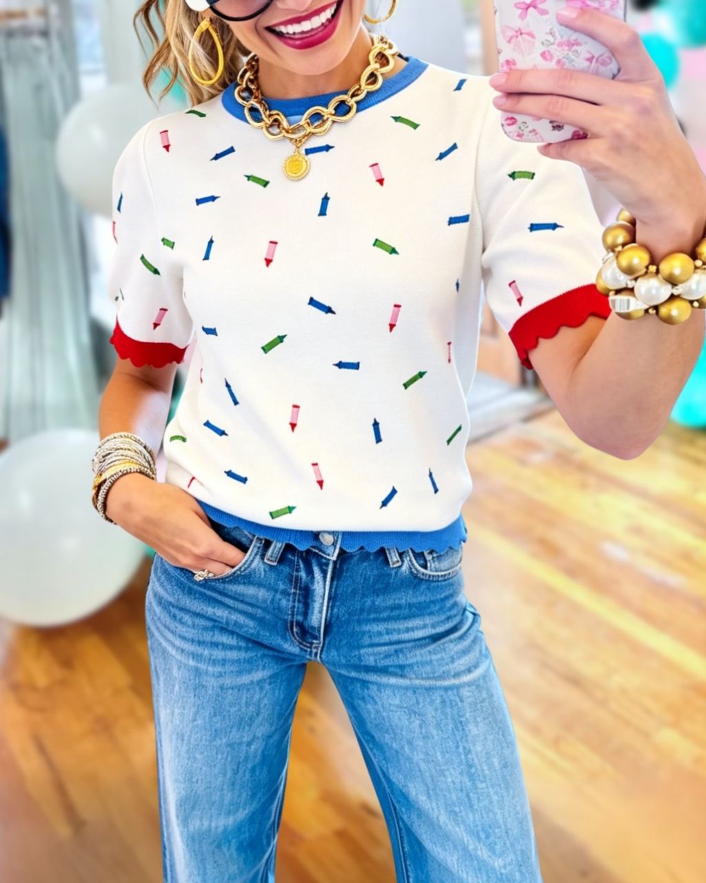 Color-blocked Crayon Embroidered Top