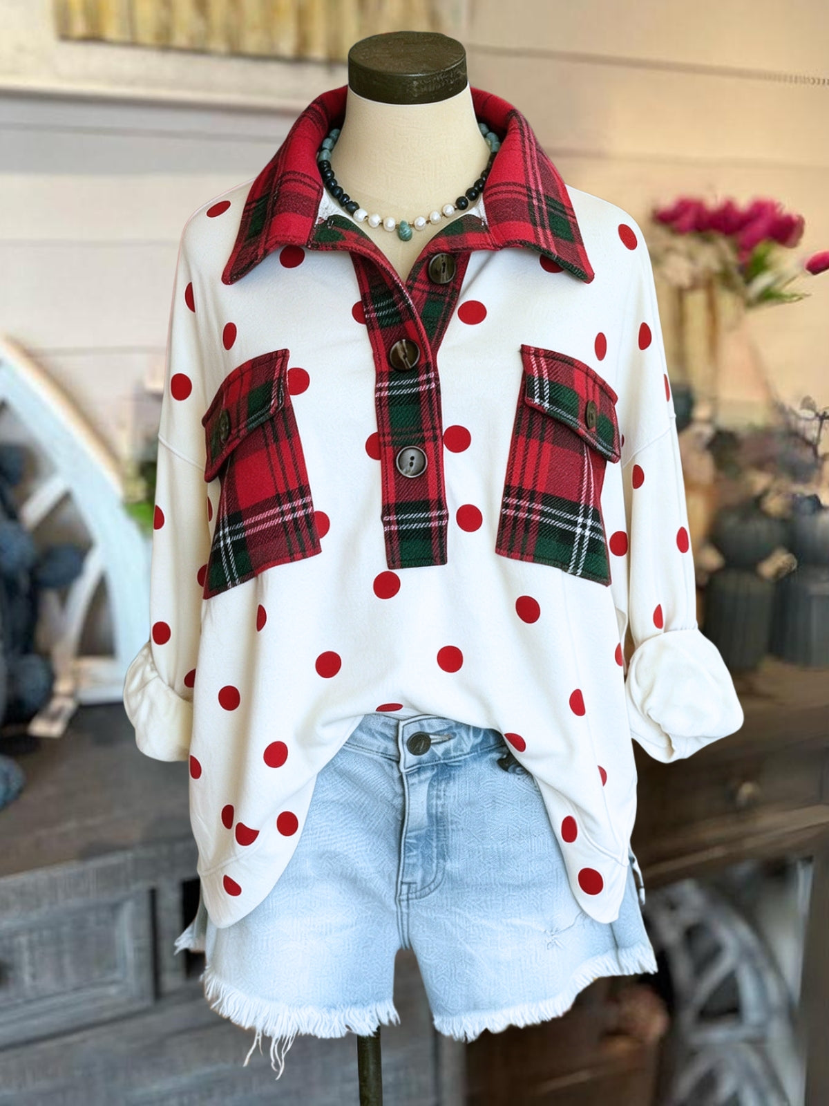 Plaid Polka Dot Patchwork Lapel Pullover