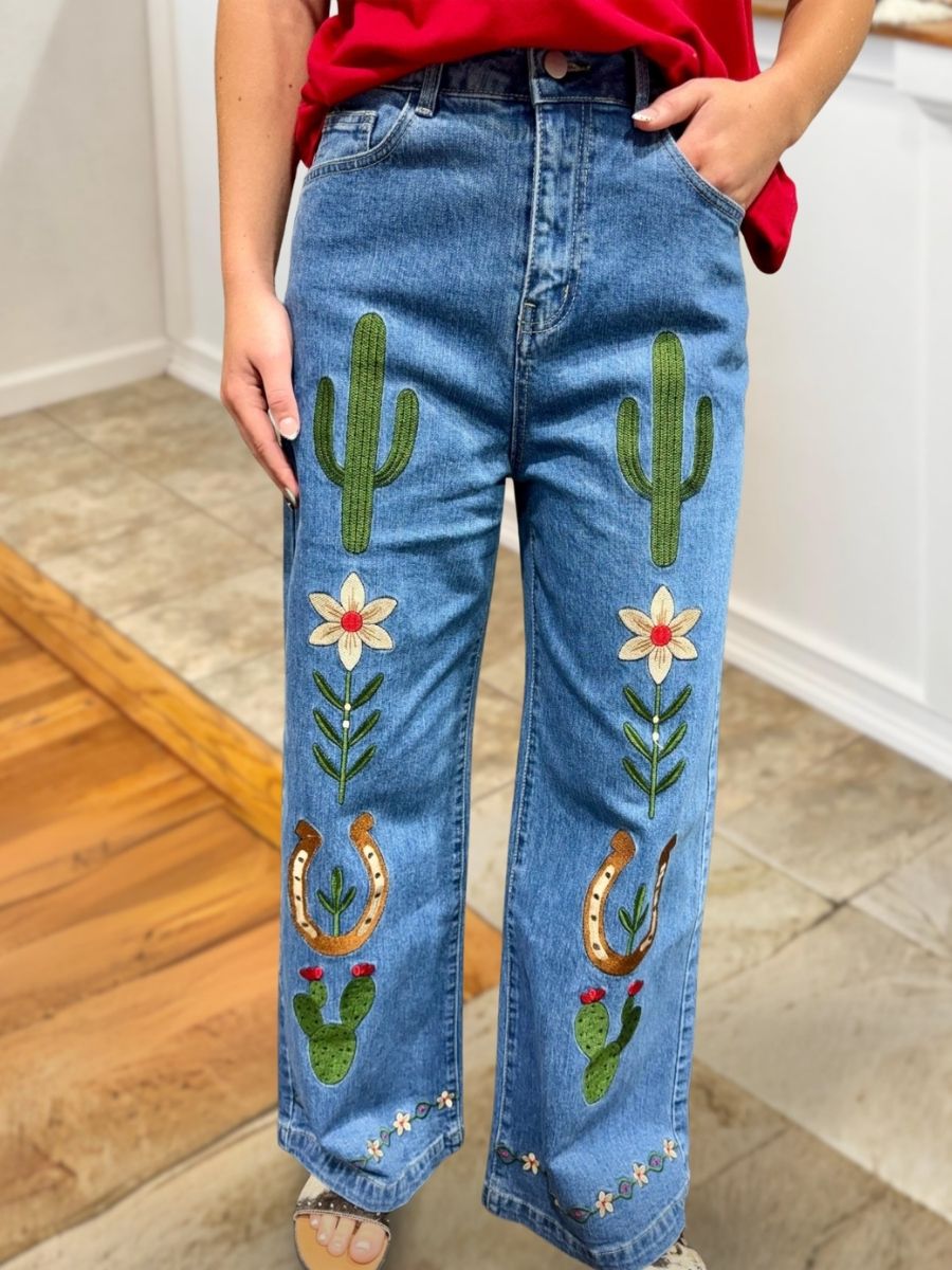 Cactus Horseshoe Embroidered Jeans