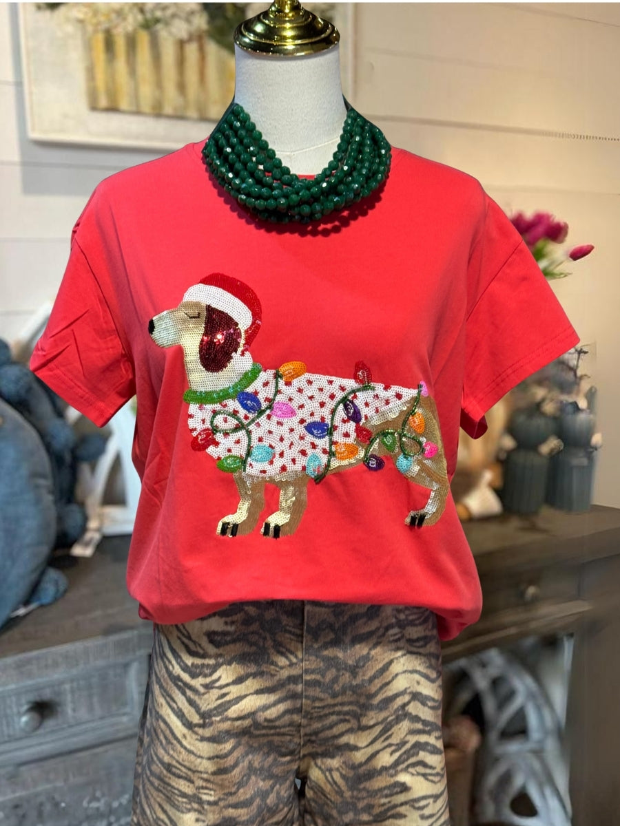 Dachshund Christmas Lights Sequin T-Shirt