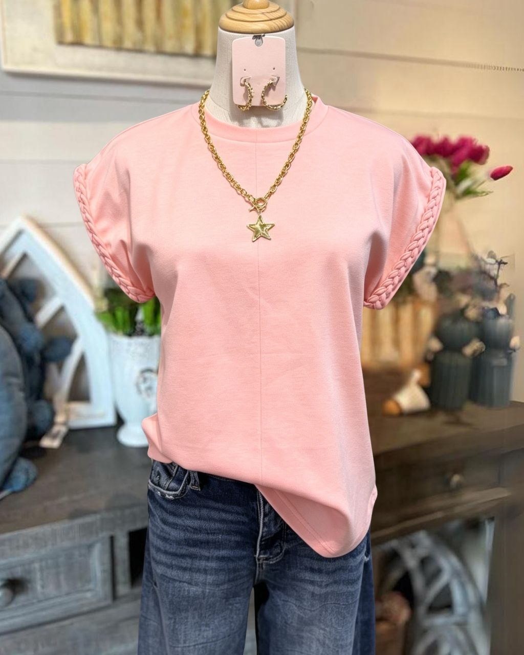 Cable Knit Sleeve Roundneck Top