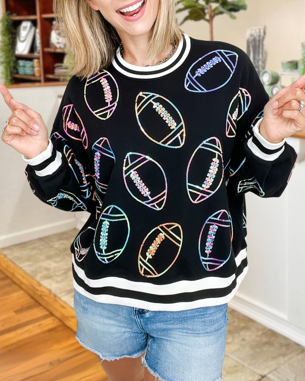Colorful Football Sequin Striped Trim Sweatshirt
