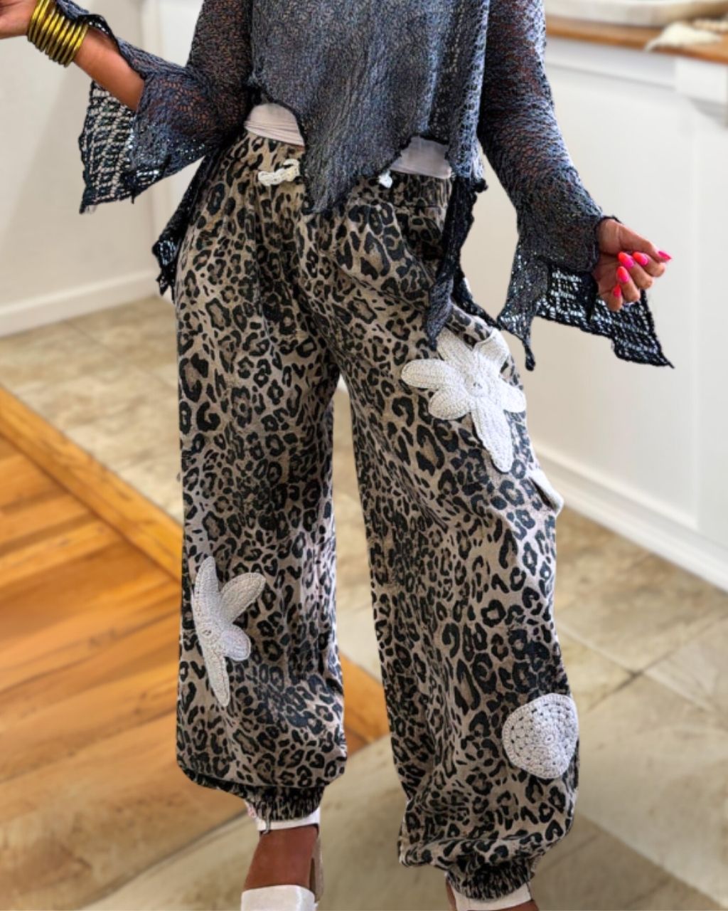 Floral Embroidery Appliqué Leopard Pants