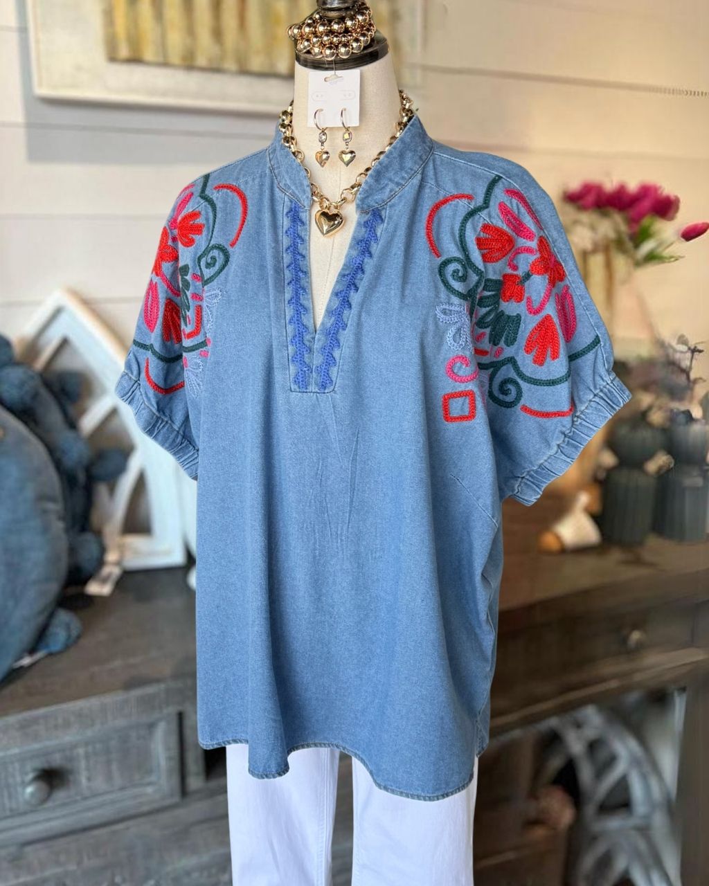 Sweet Floral Embroidered Denim Top