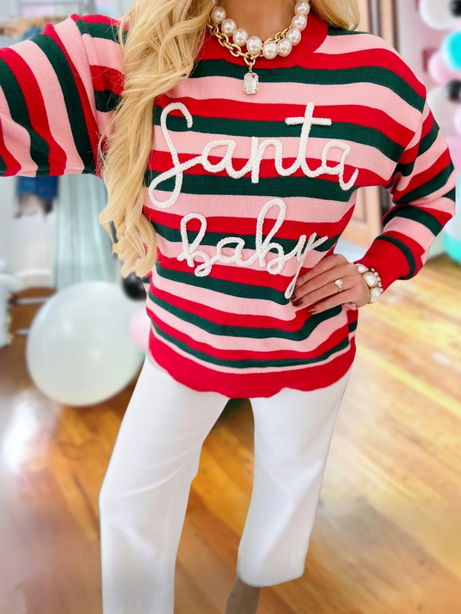 "Santa Baby" Embroidered Striped Pullover