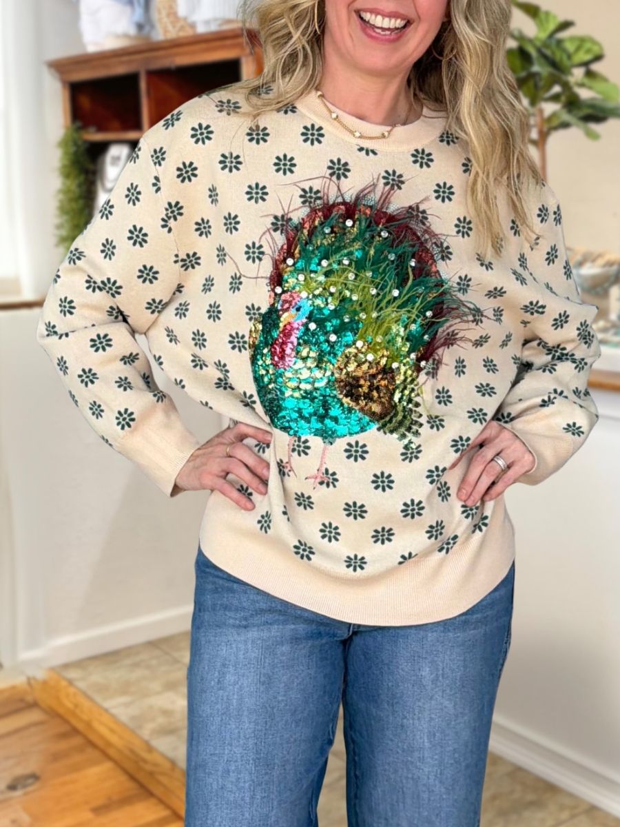 Floral Feather Turkey Sequin Pullover