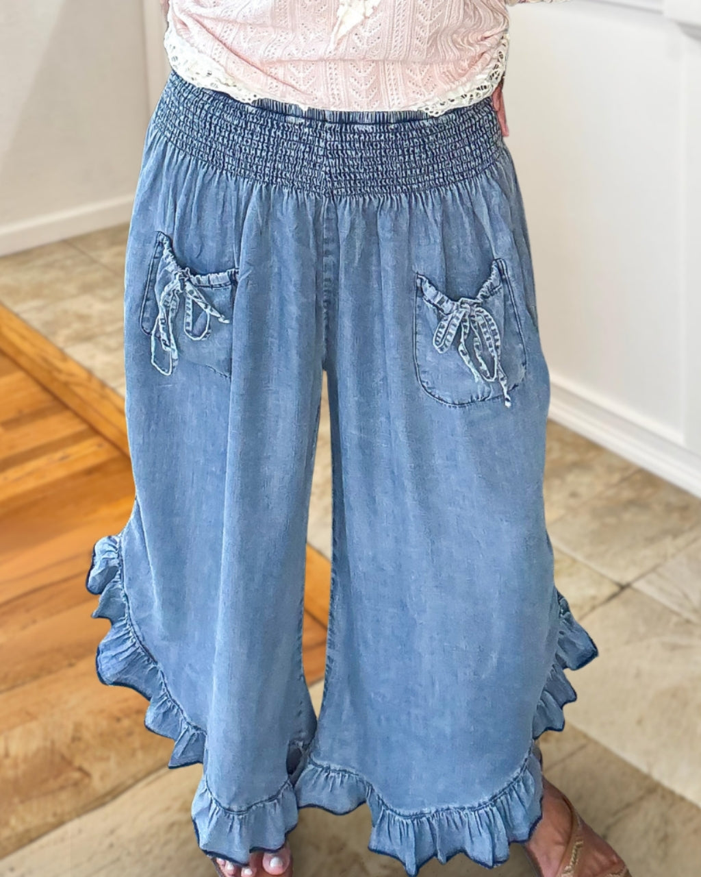 Smocked Ruffle Trimmed Jeans