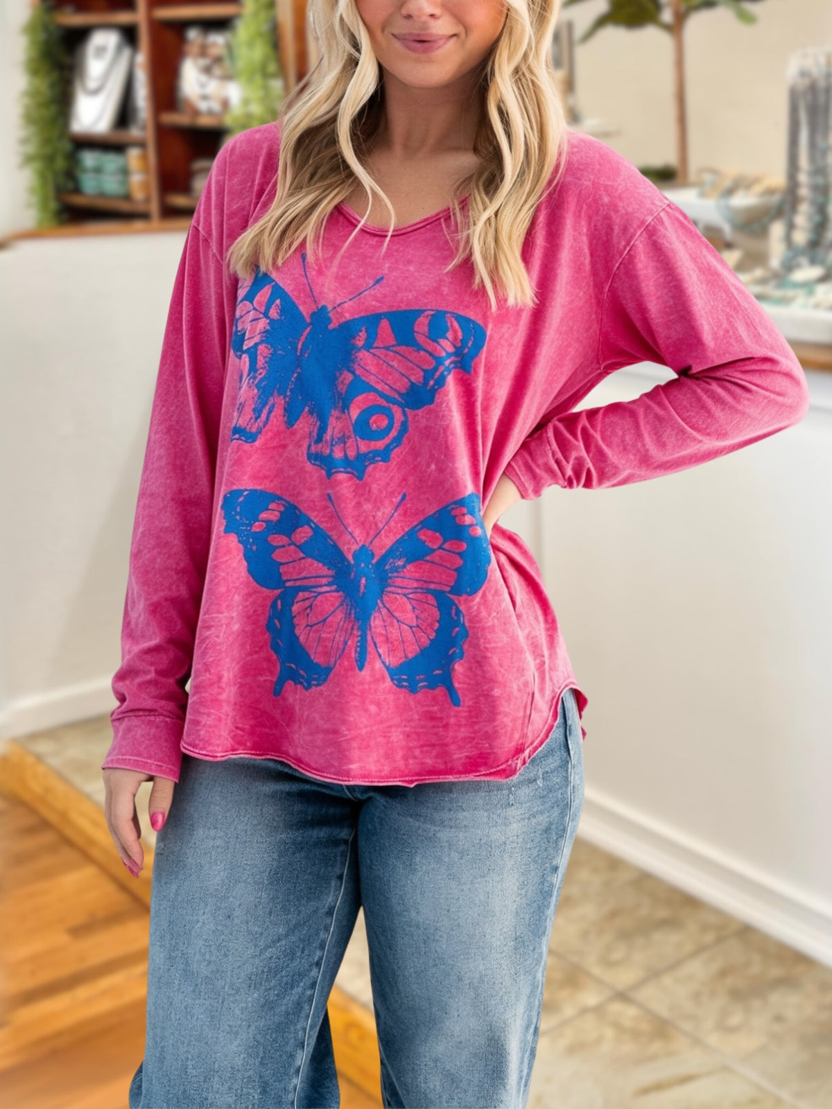 Butterfly Print Distressed Washed Top