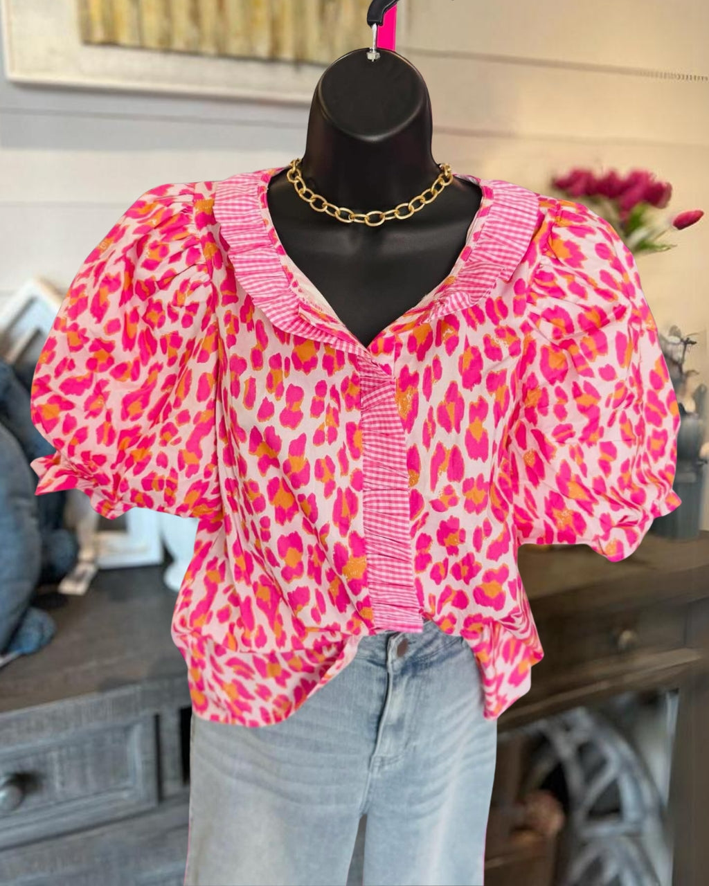 Leopard Print Ruffled Trim Top