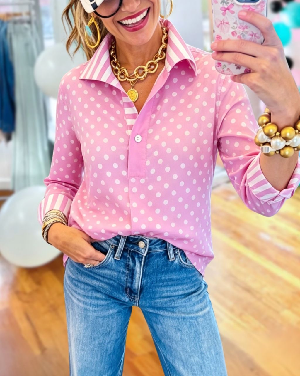 Polka Dot Striped Collar Satin Top