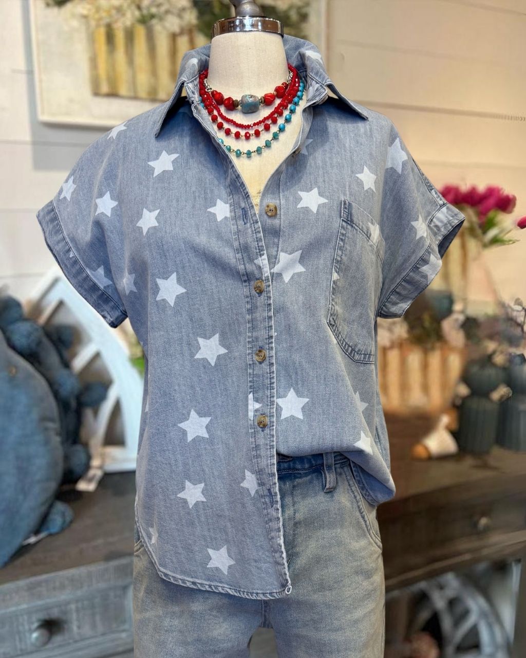 Star-Print Denim Shirt