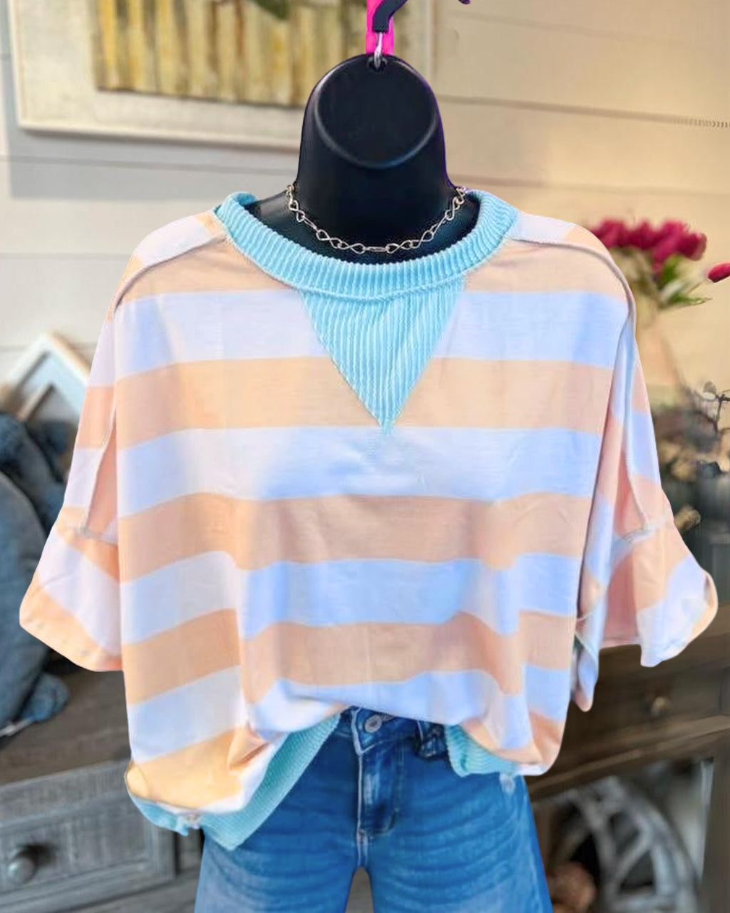 Reverse Stitching Striped Ribbed Trim T-shirt