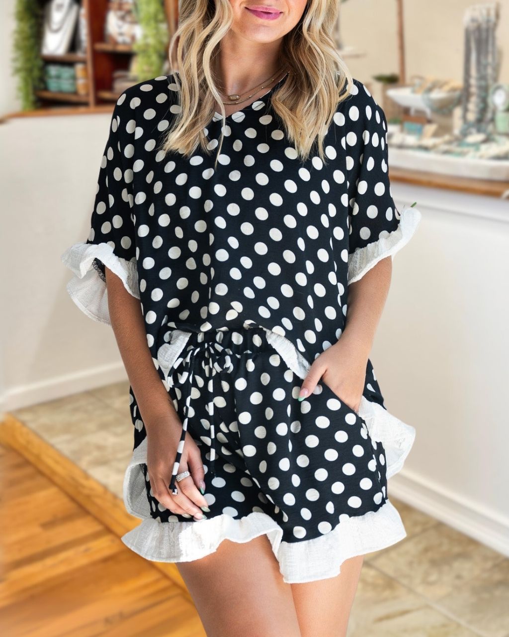 Polka Dot Ruffled Trim Shorts Set