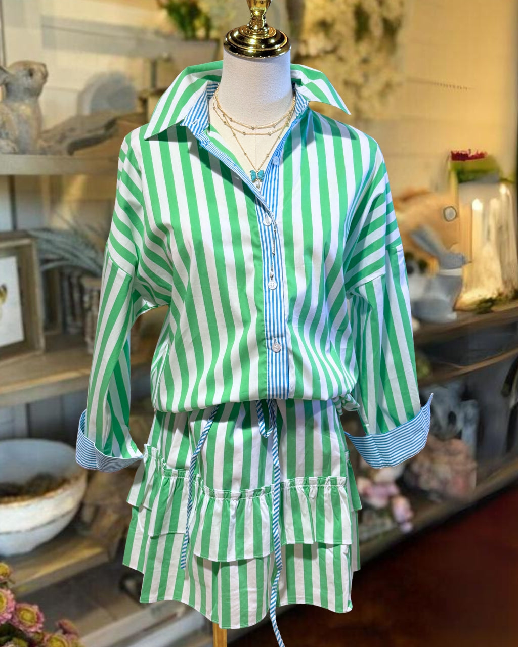 Colorblocked Trim Striped Skirt Set