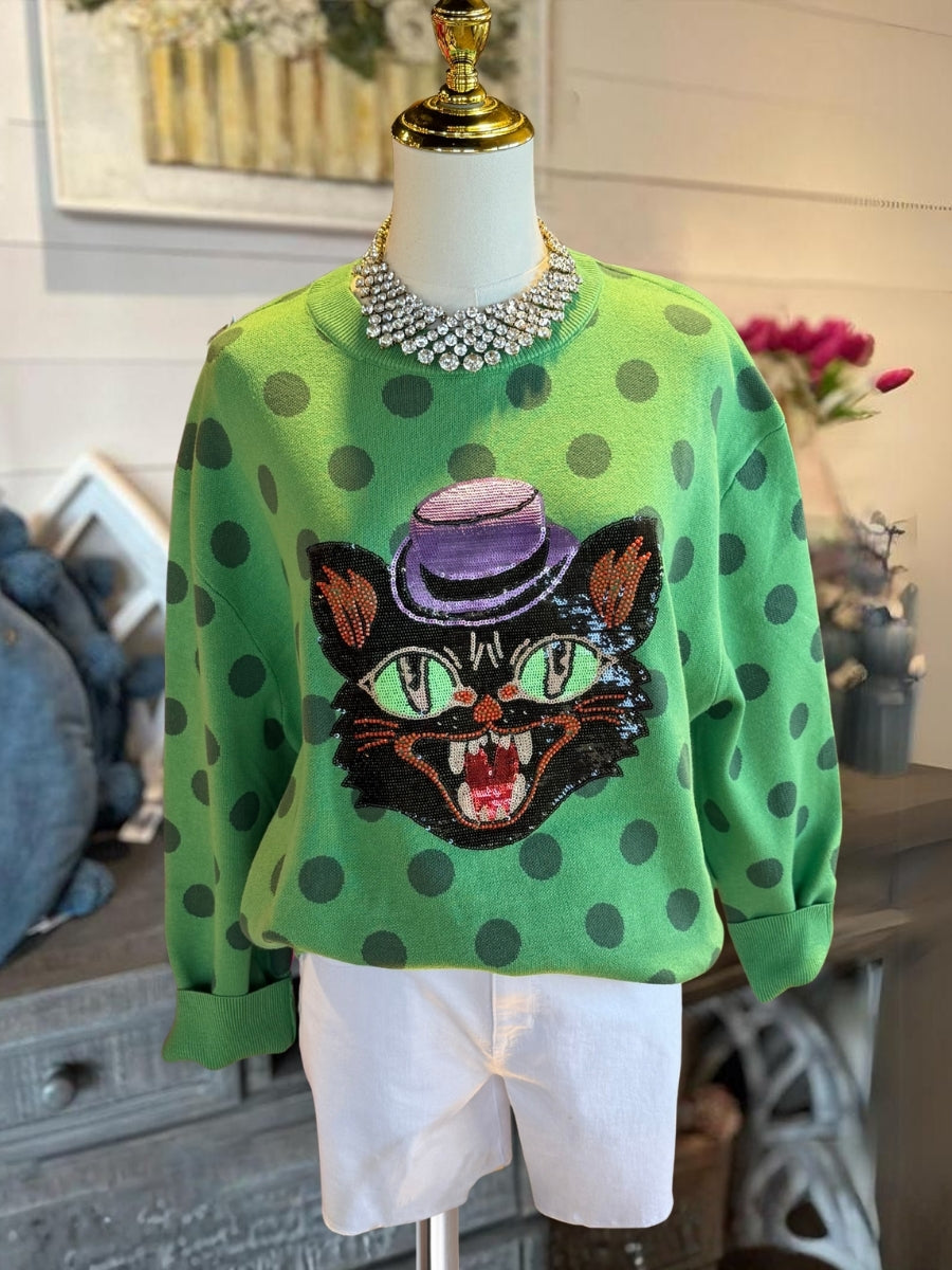 Polka-Dot Black Cat Sequin Pullover