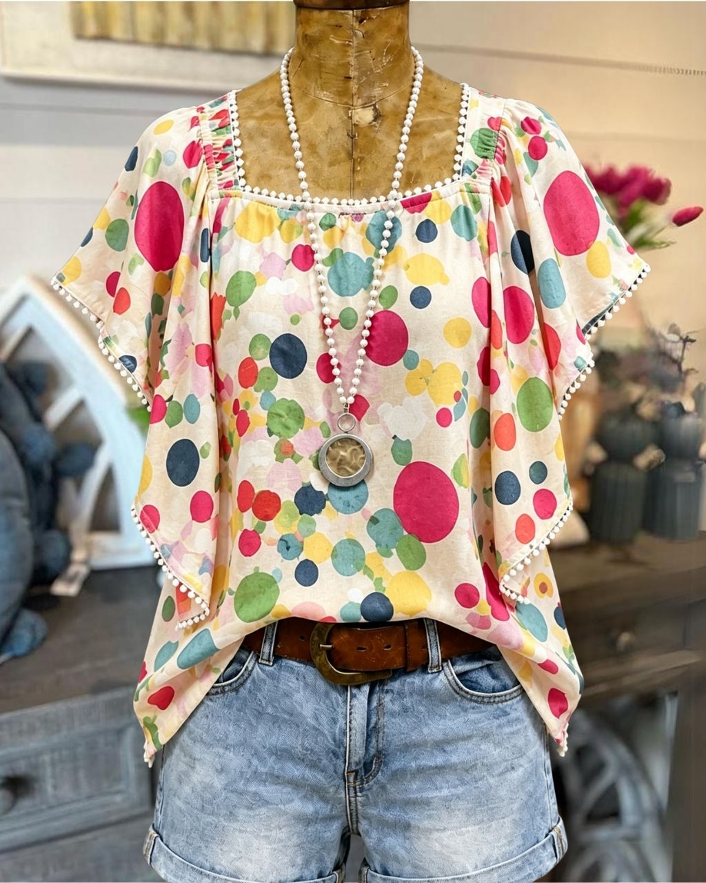 Colorful Polka Dot Square Neck Top
