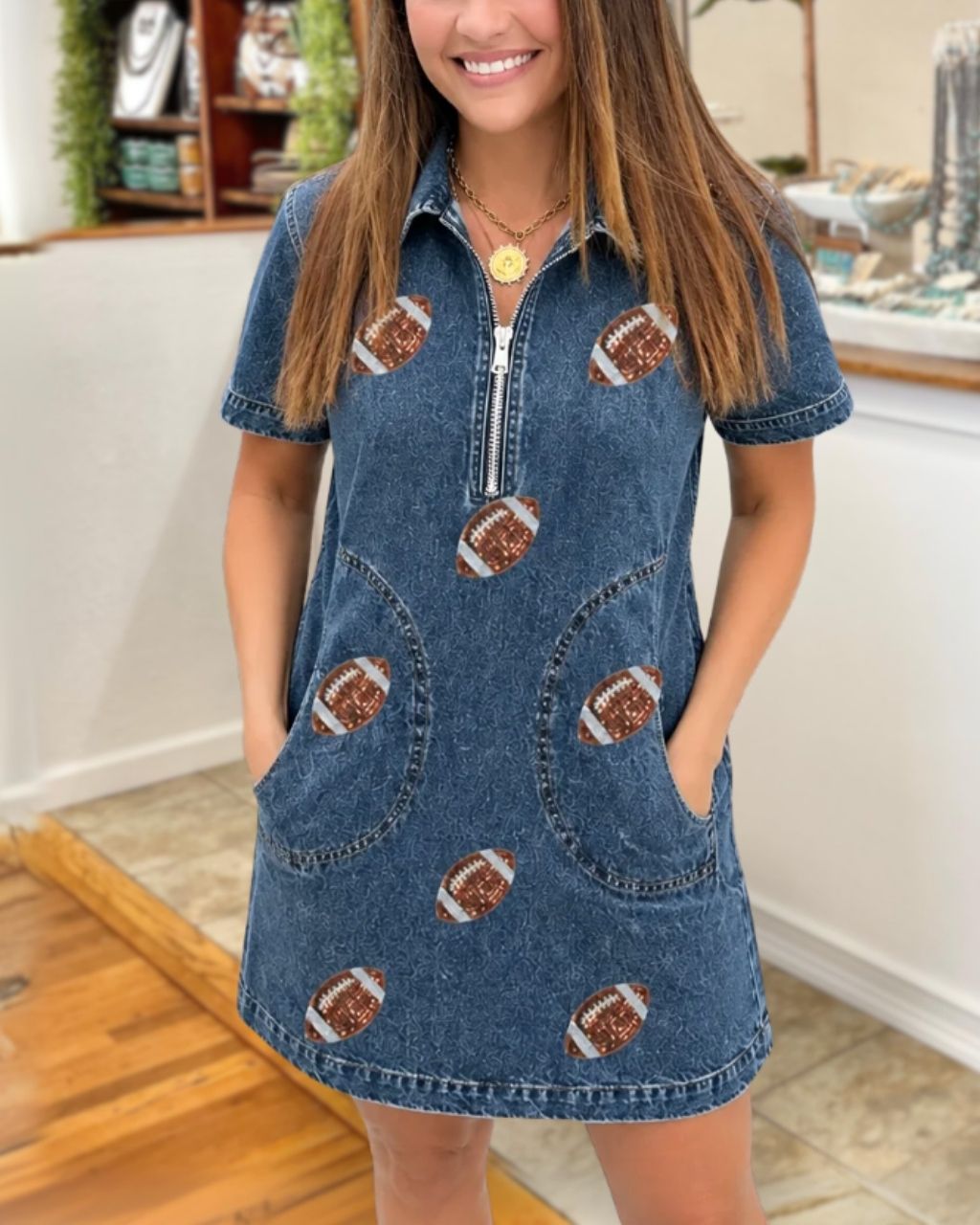 Football-Sequined Half-Zip Denim Dress