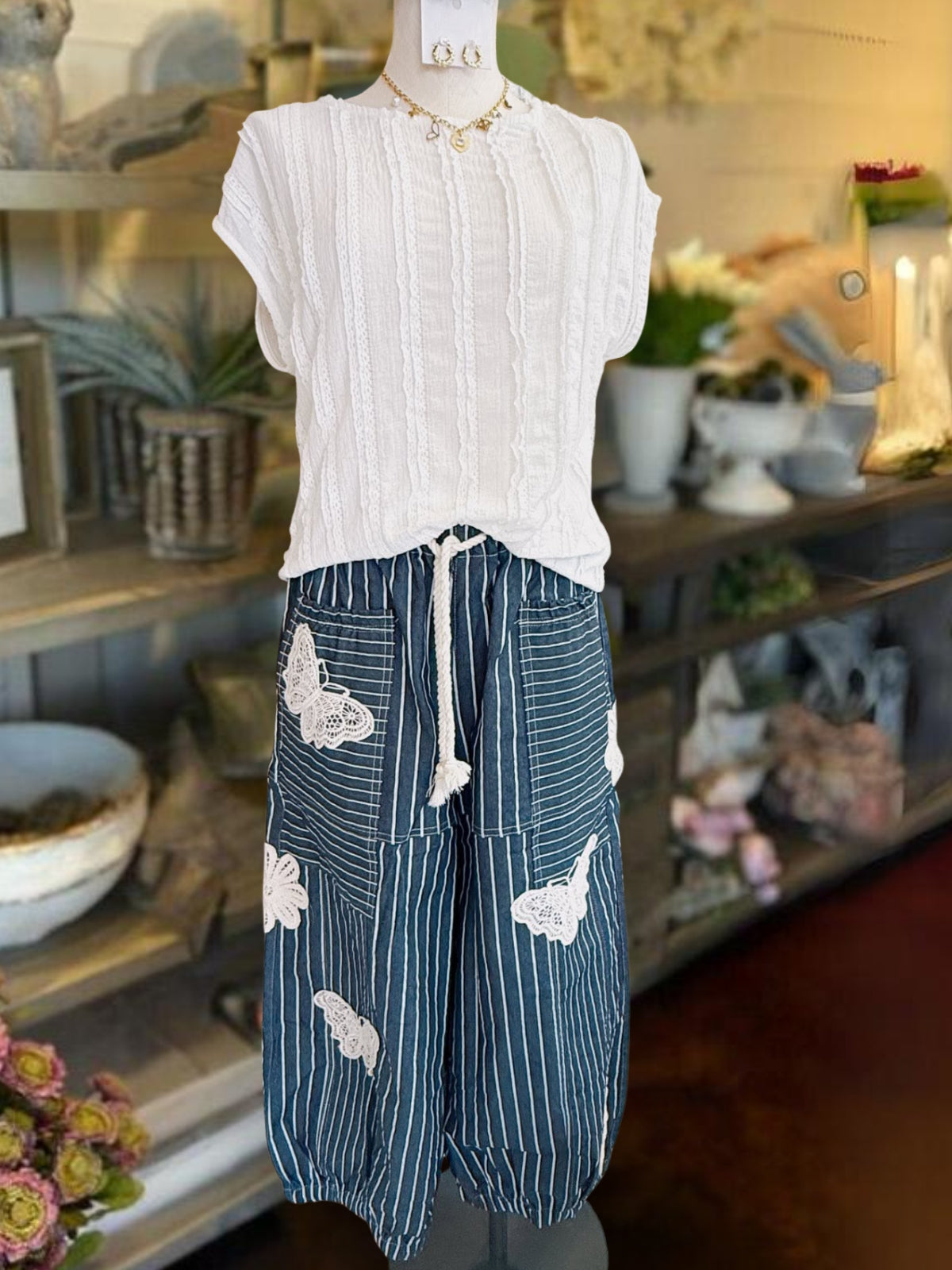 Butterfly Embroidered Striped Pants