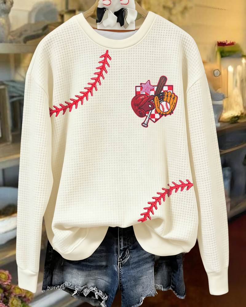 Baseball Embroidered Waffle Pullover