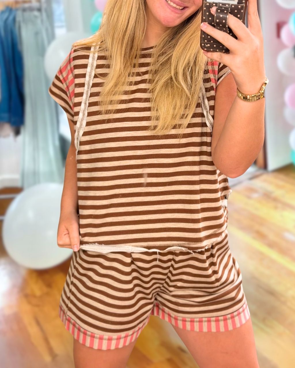 Color-block Striped Raw-edge Set