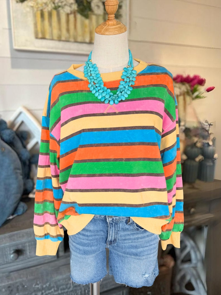 Colorful Washed Distressed Striped Pullover