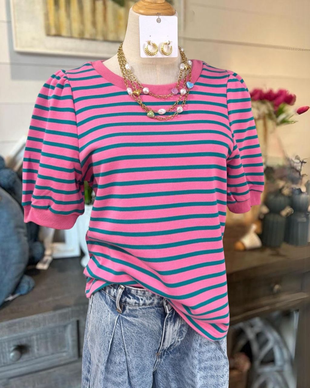 Color-blocked Striped Ribbed Trim Top