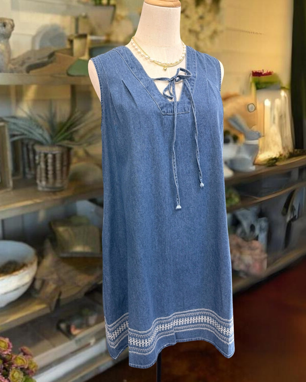 Embroidered Hem Sleeveless Denim Dress