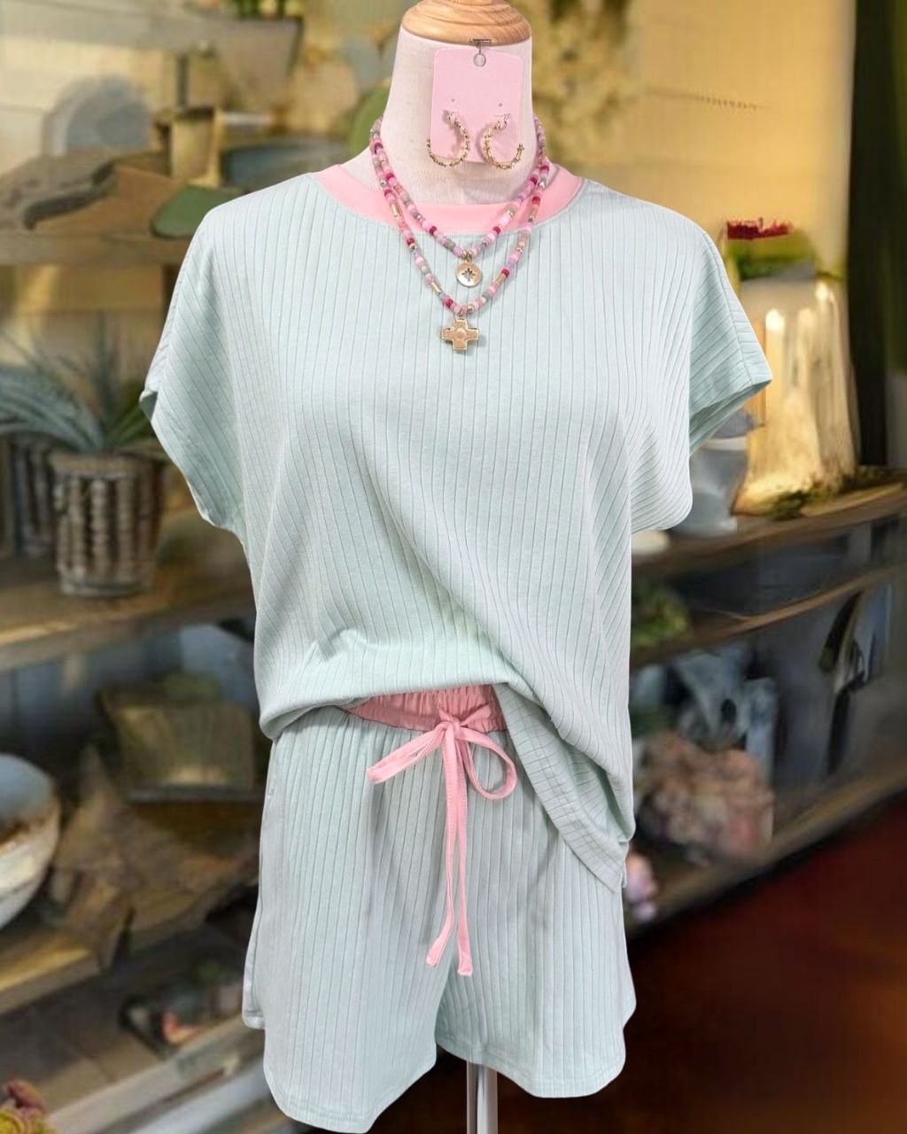 Contrast Trim Ribbed Shorts Set