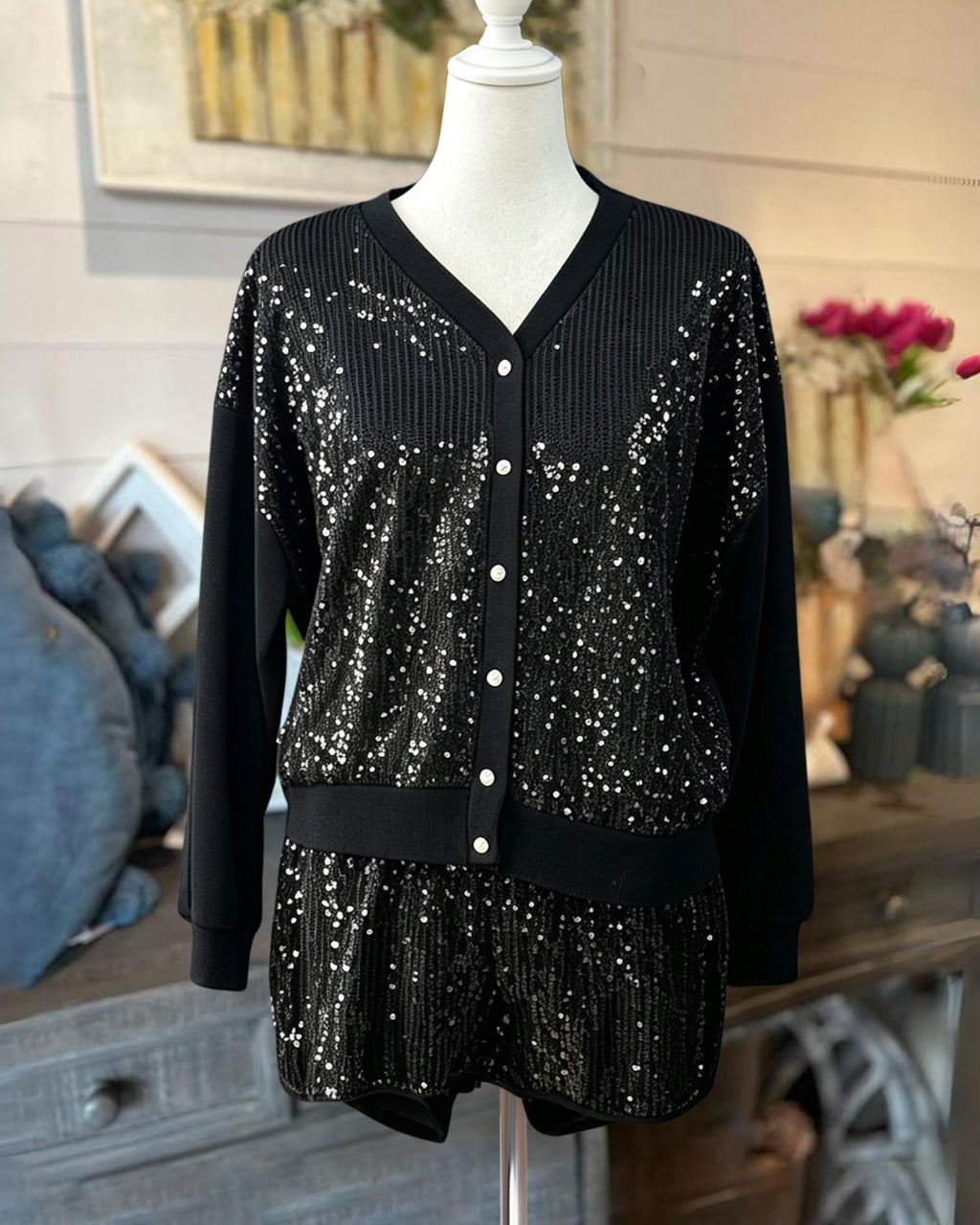 Sparkling Sequined Cardigan Shorts Set