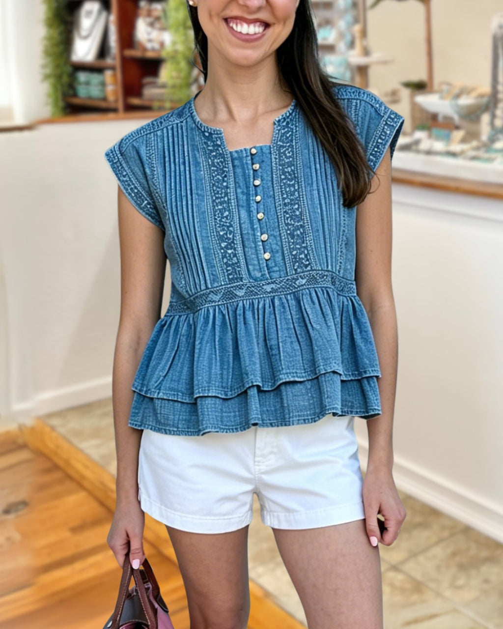 Pleated Sleeveless Denim Top