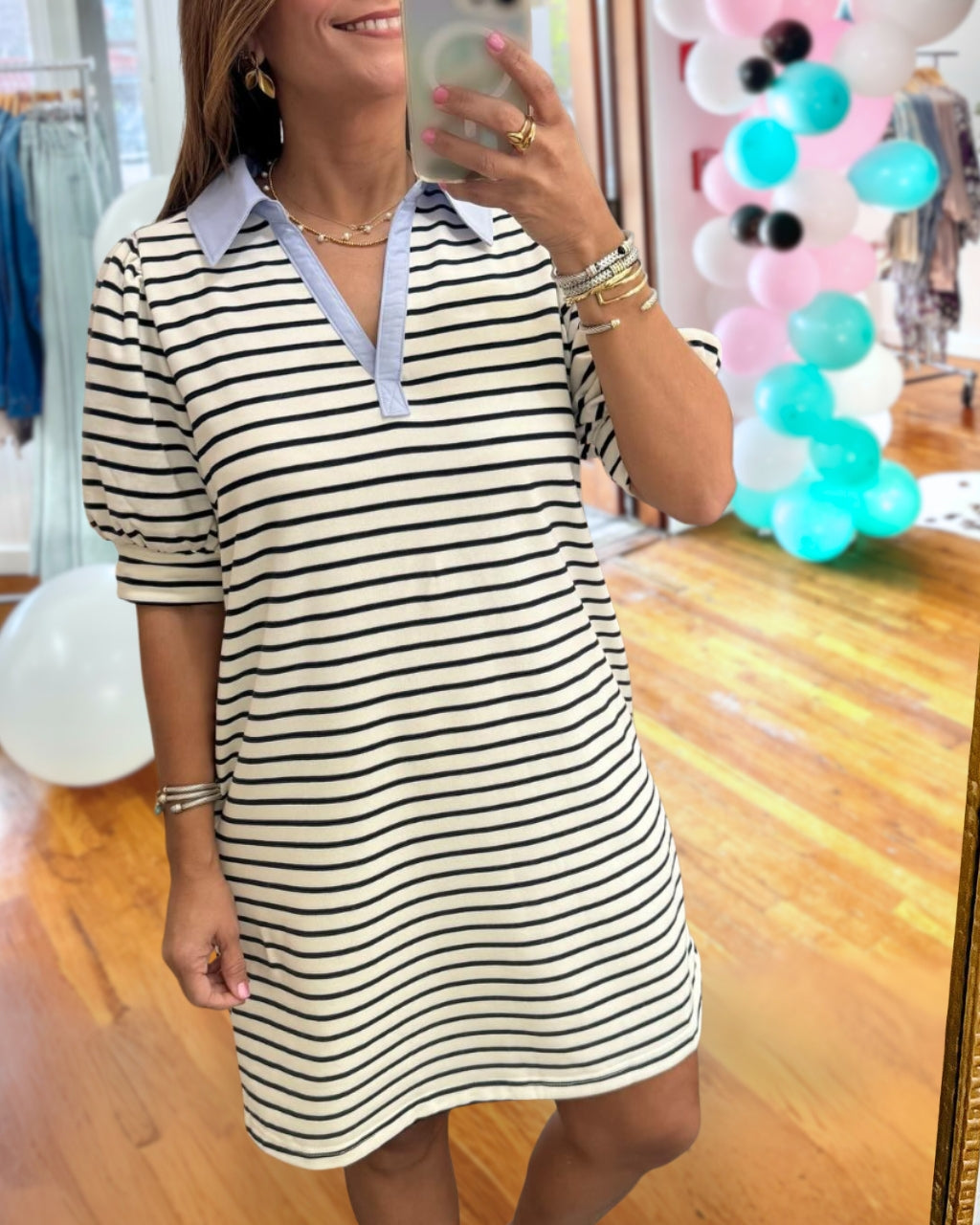 Striped Collared Neck Mini Dress