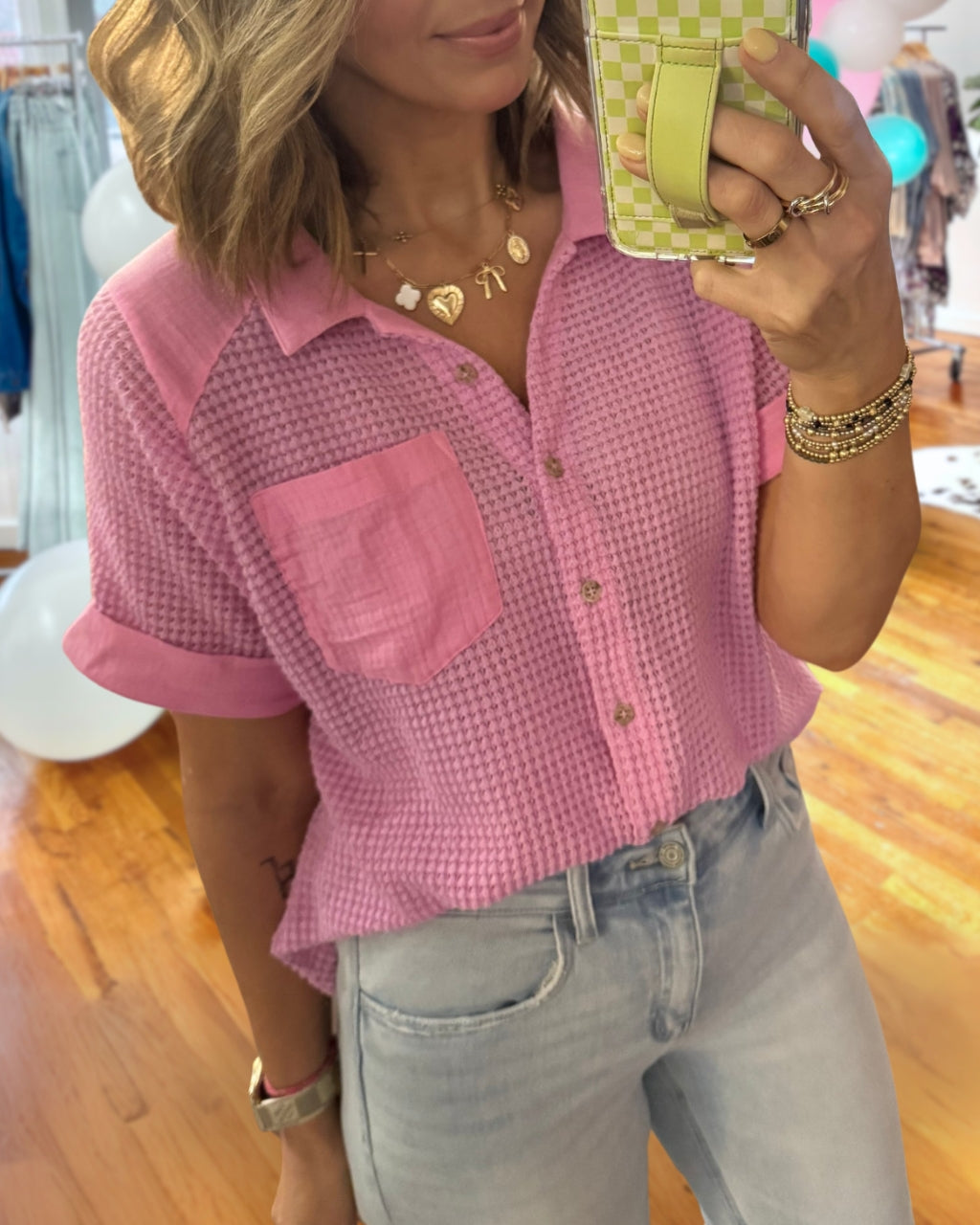 Gauze Waffle Button Down Top
