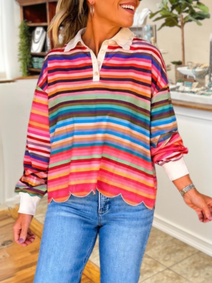 Colorful Striped Wavy Hem Top