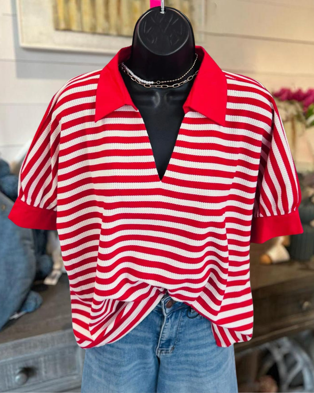 Waffle Stripe Collar T-shirt