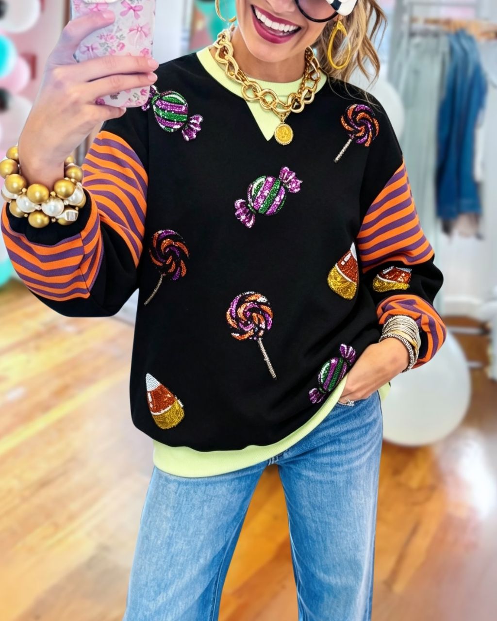 Halloween Candy Sequin Striped Pullover
