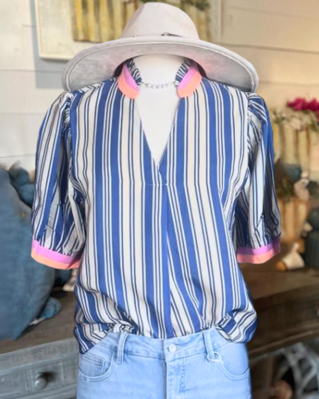 Vertical Striped Contrast Trim Top