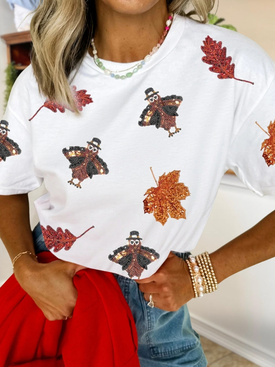 Turkey and Autumn Leaf Sequin T-Shirt