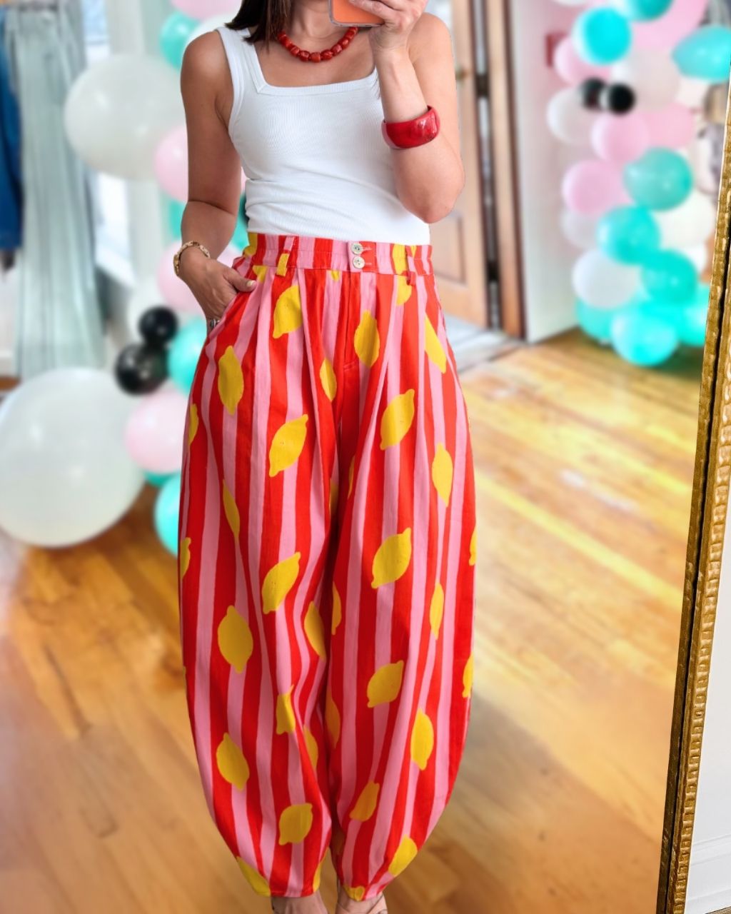 Lemon Pattern Striped Lantern Pants