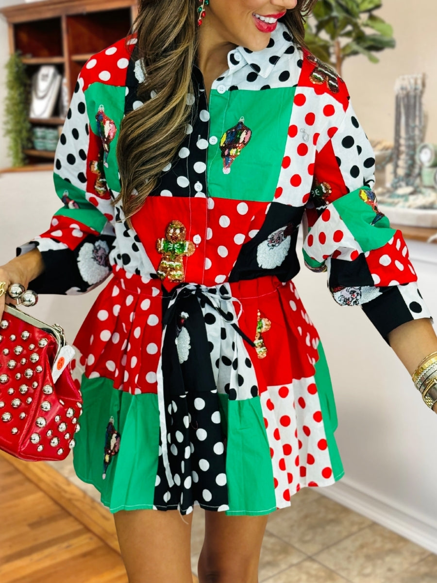 Colorful Polka-Dot Colorblock Christmas Dress