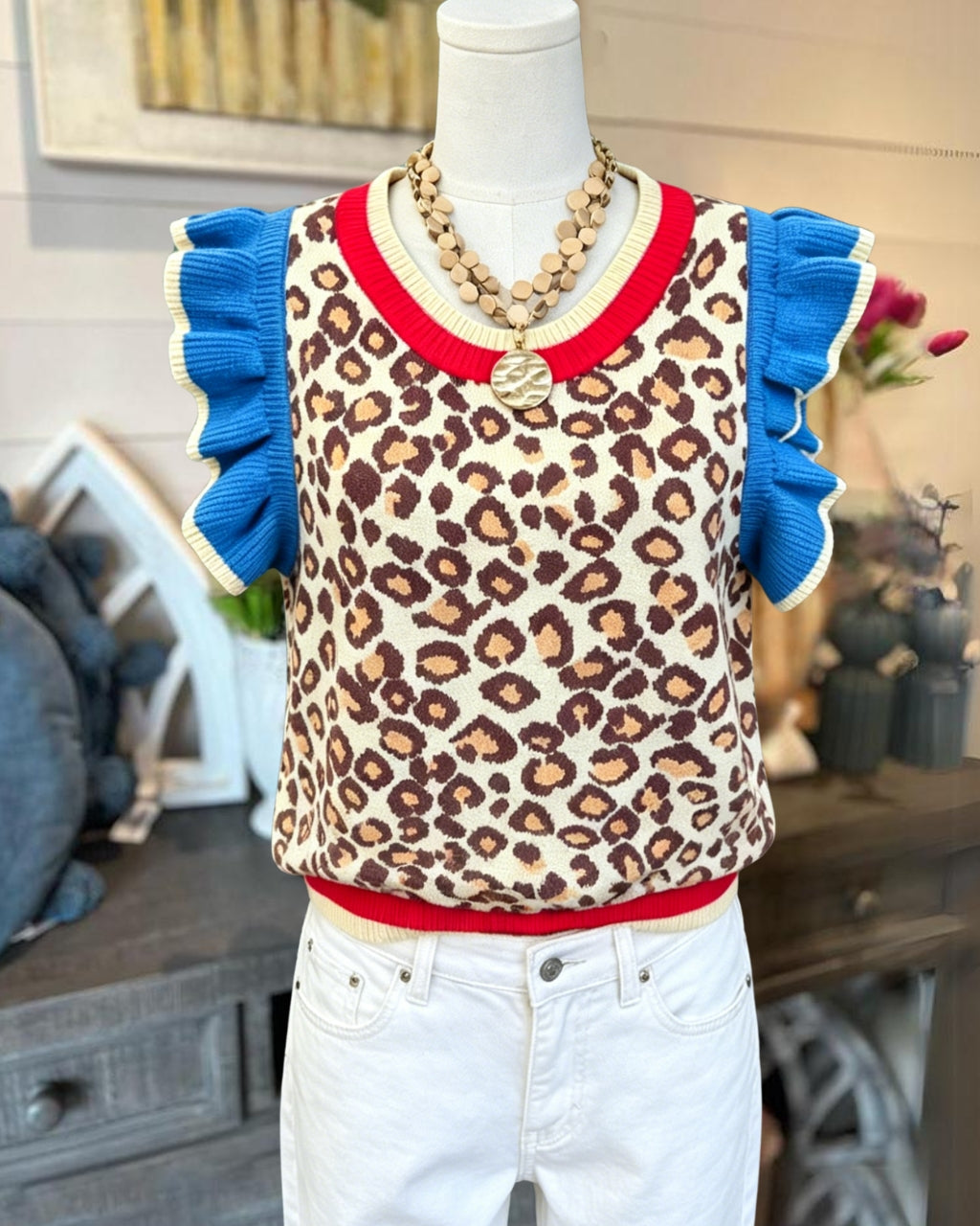 Leopard Color-blocked Ruffled Knit Top