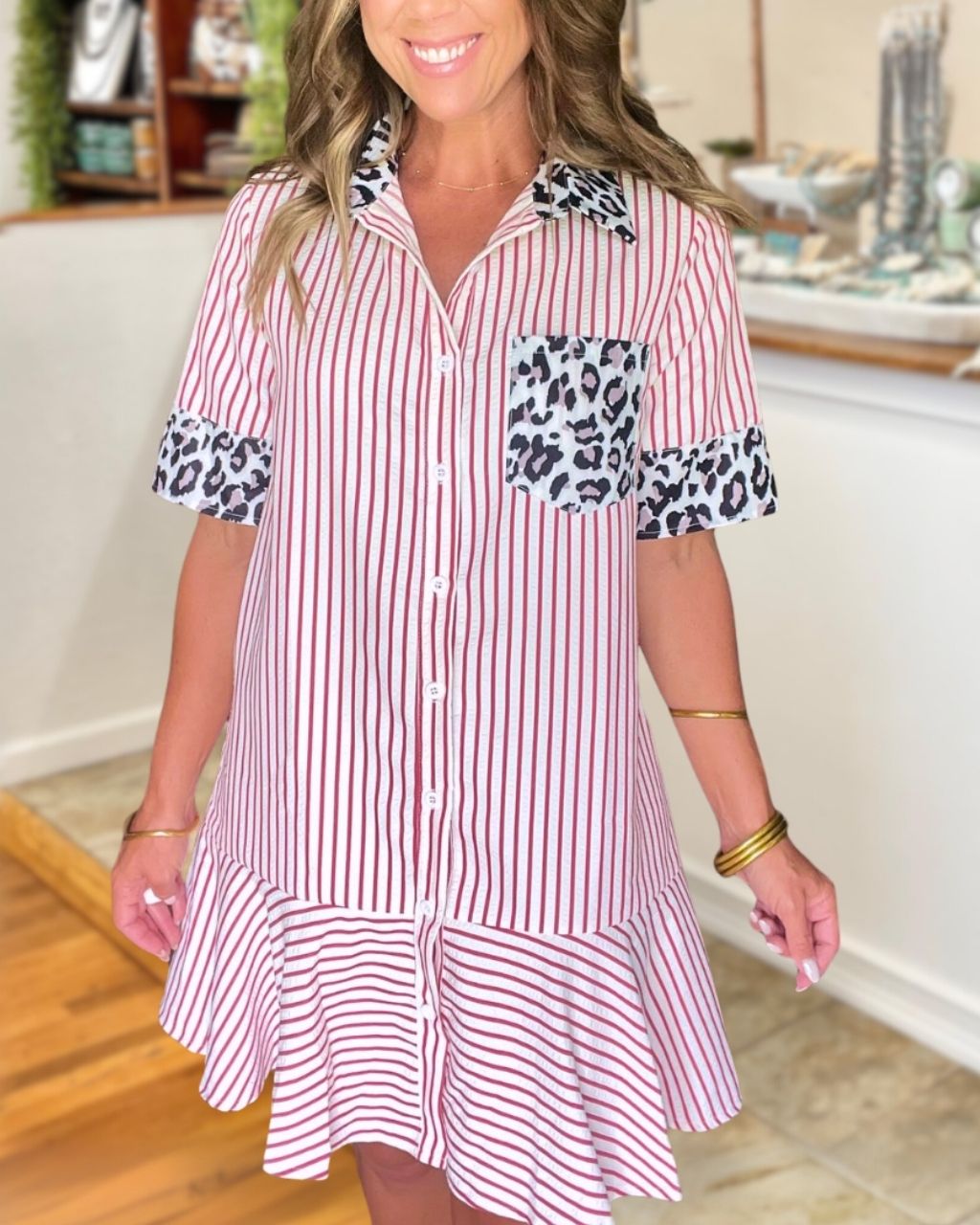 Leopard Patchwork Striped Shirt Dress
