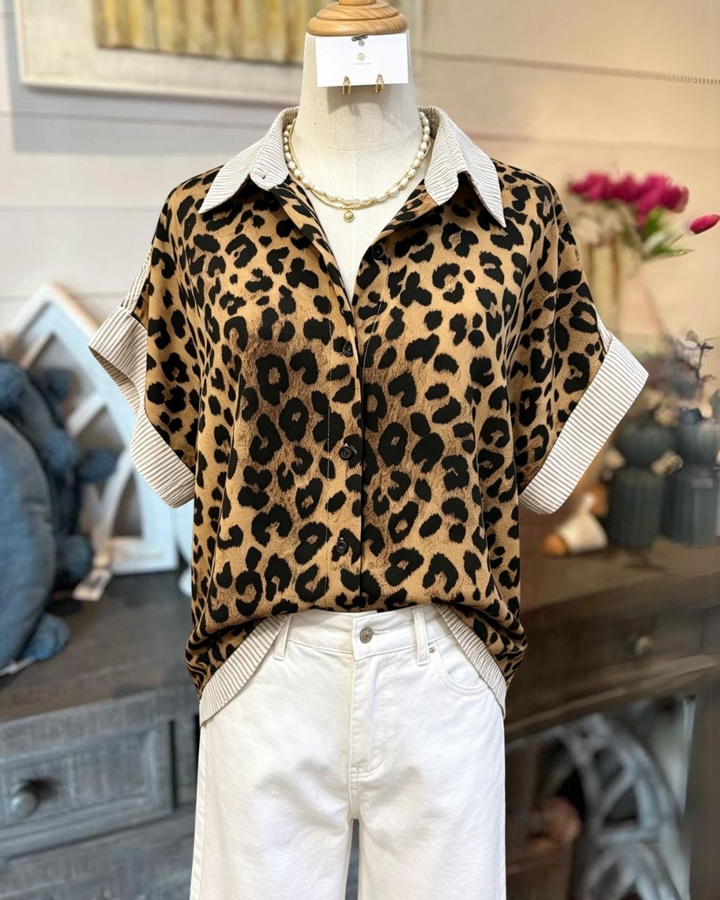 Leopard Striped Trim Shirt
