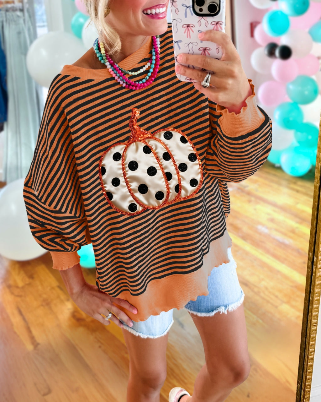 Sequined Polka Dot Pumpkin Stripe Pullover