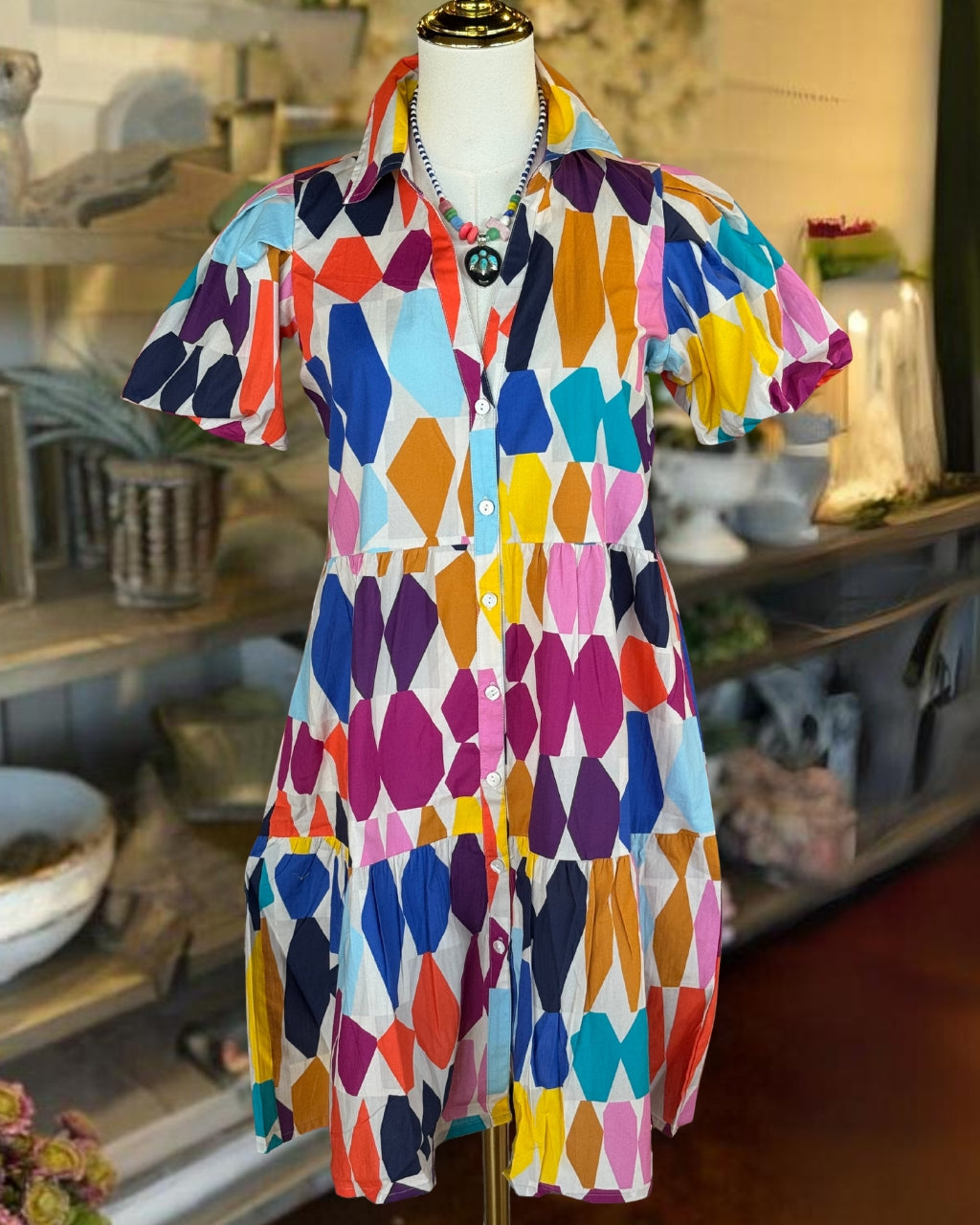 Colorful Geometric Satin Shirt Dress