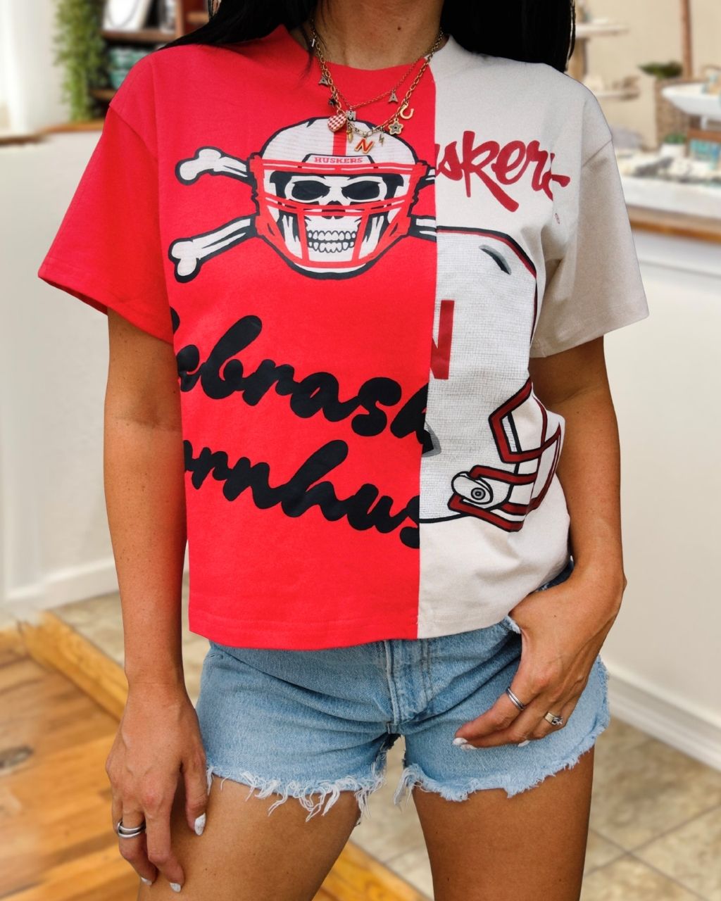 Football Color-blocked Skull Print T-shirt