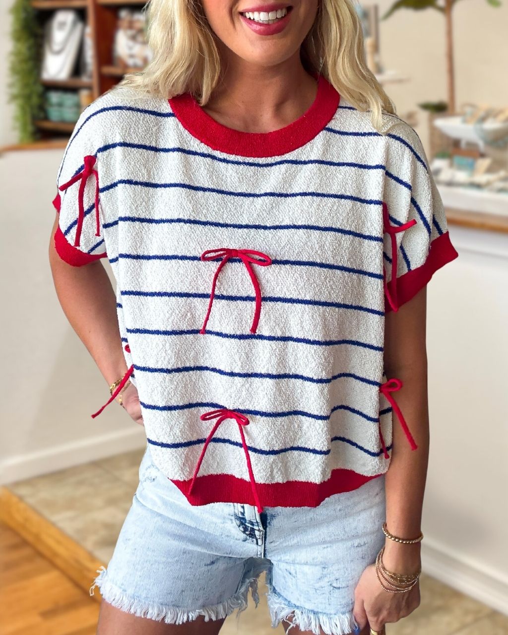 Bow Detail Striped Knit Top