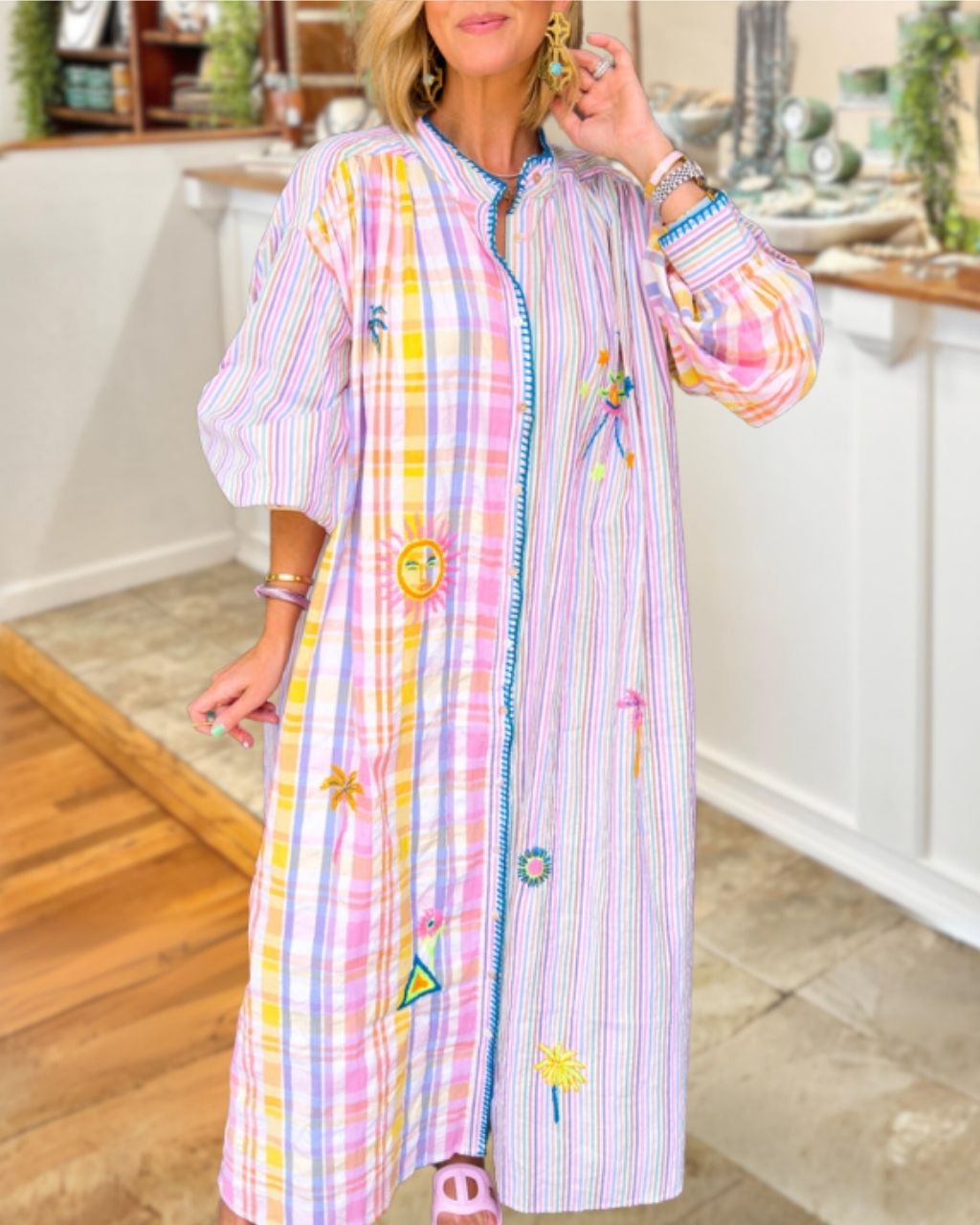 Plaid Striped Embroidered Button Dress